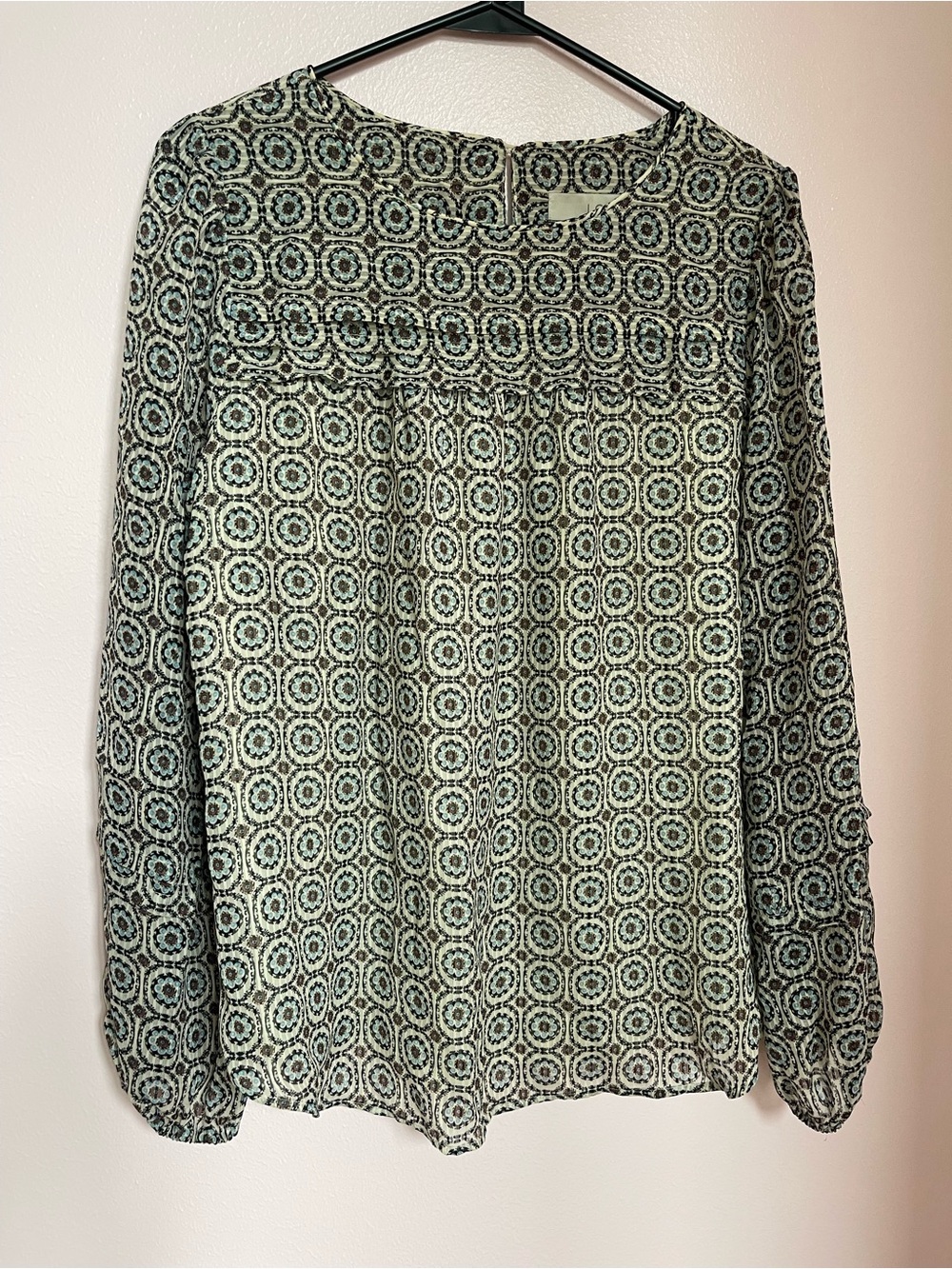 LOFT Cream Blouse with Mint & Black Medallion Print